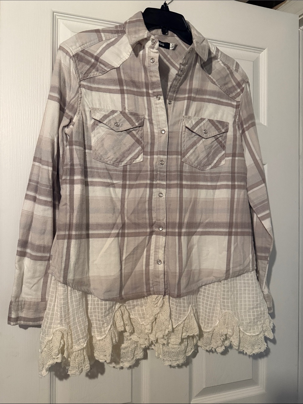 BDG Girls Beige Plaid Button-Down with Lace Trim